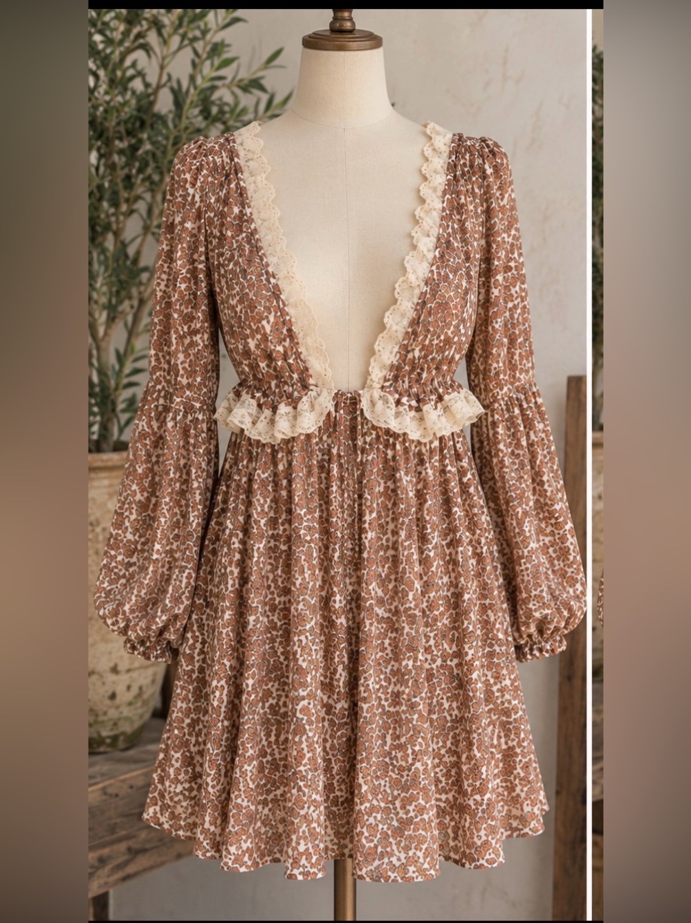Free People Pennie Mini Dress XS NWT Ivory Brown Floral Lace Boho